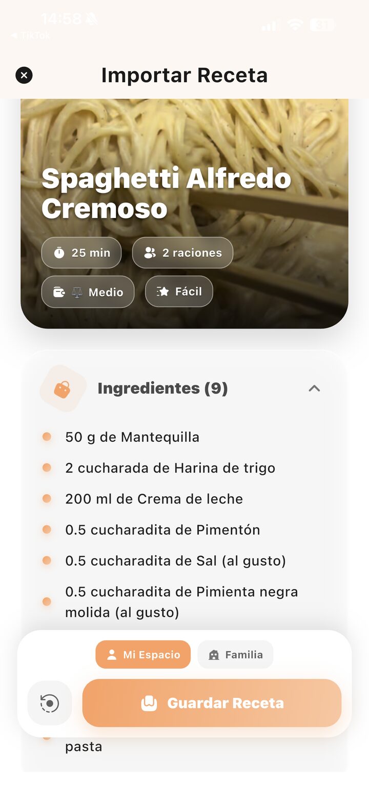 Pantalla de Flavia importando una receta con ingredientes detectados